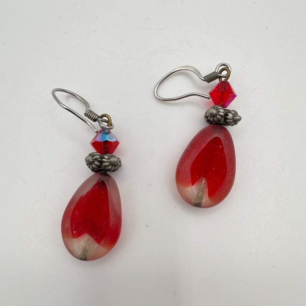 Vintage 90s Red Teardrop Glass Dangle Earrings Boho Fashion Classic Jewelry